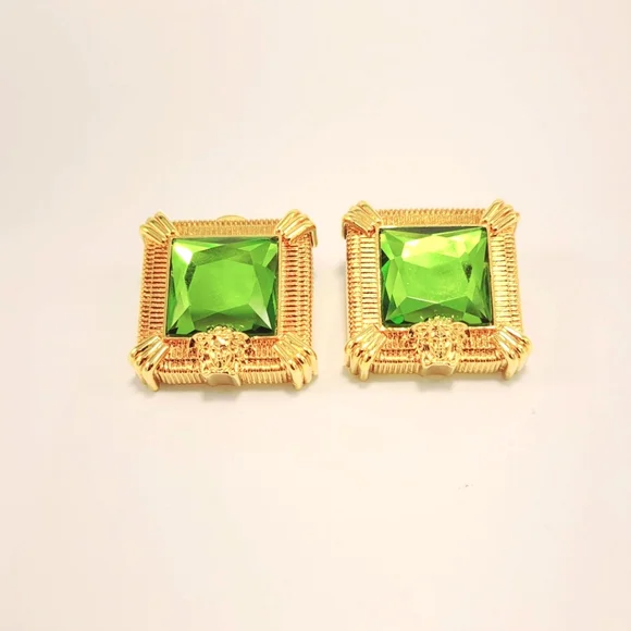 Versace Medusa Squared Crystal Stud Earrings Yellow Gold Green Crystal New